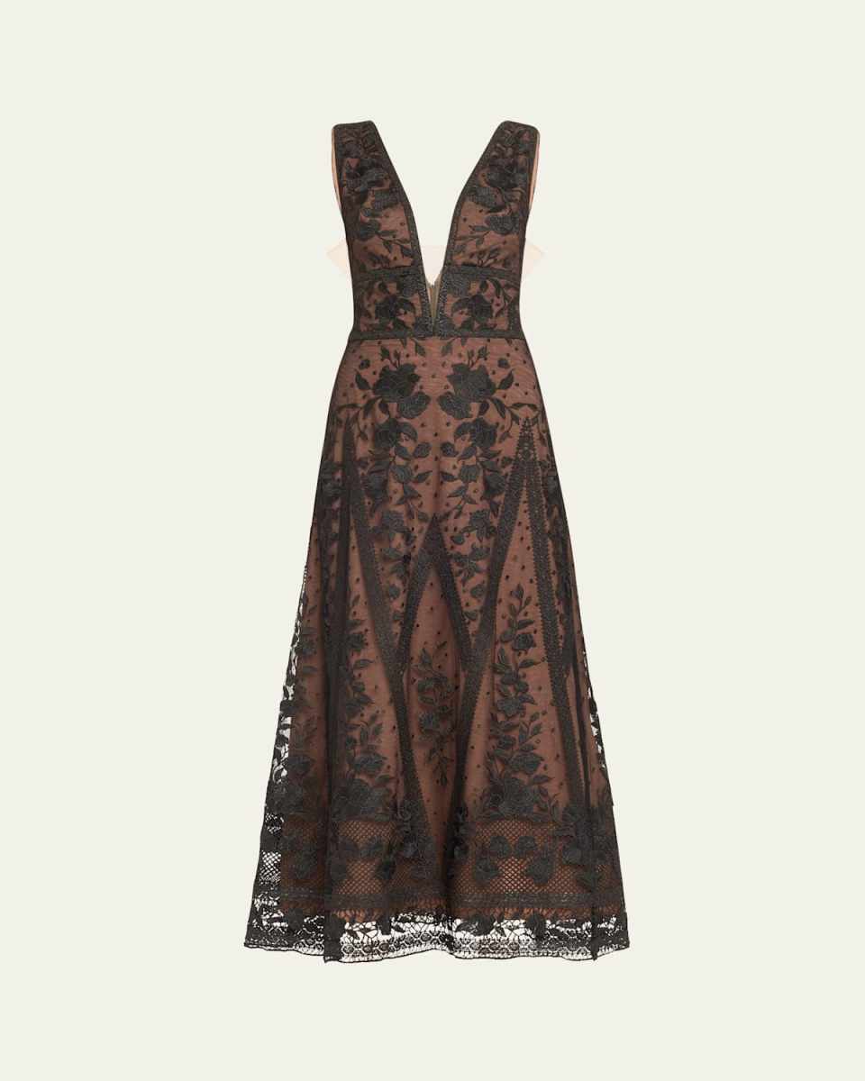 Deep V-Neck Embroidered Tulle Midi Dress
